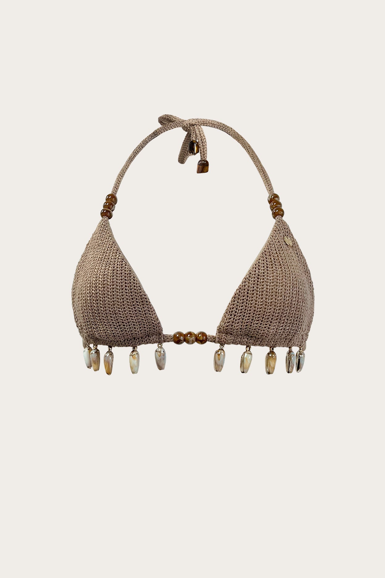 Toasted sand knit triangle bikini top with shell charm detailing and adjustable ties