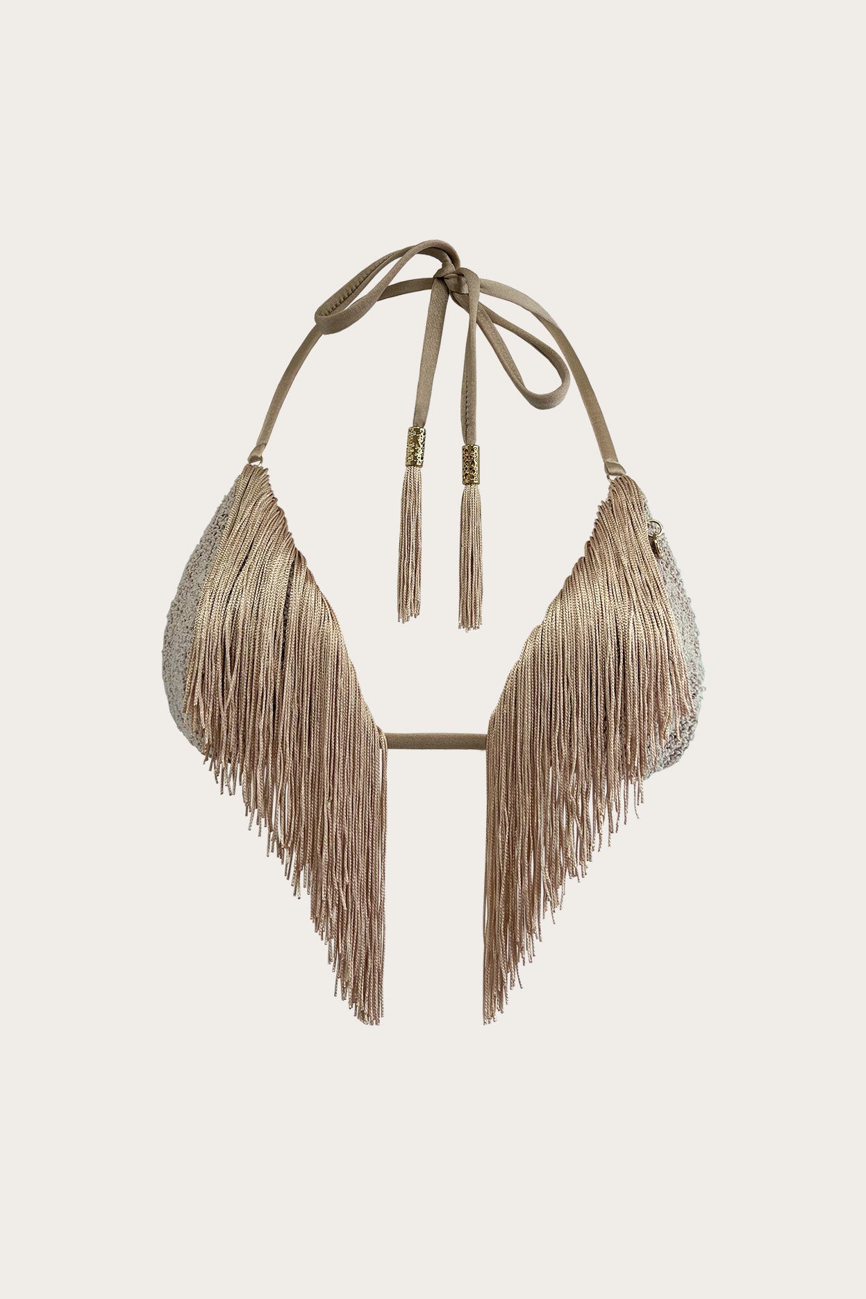 Selene Fringe Top in Desert Sand featuring cascading fringe detailing, textured knit triangle cups, and tassel tie accents
