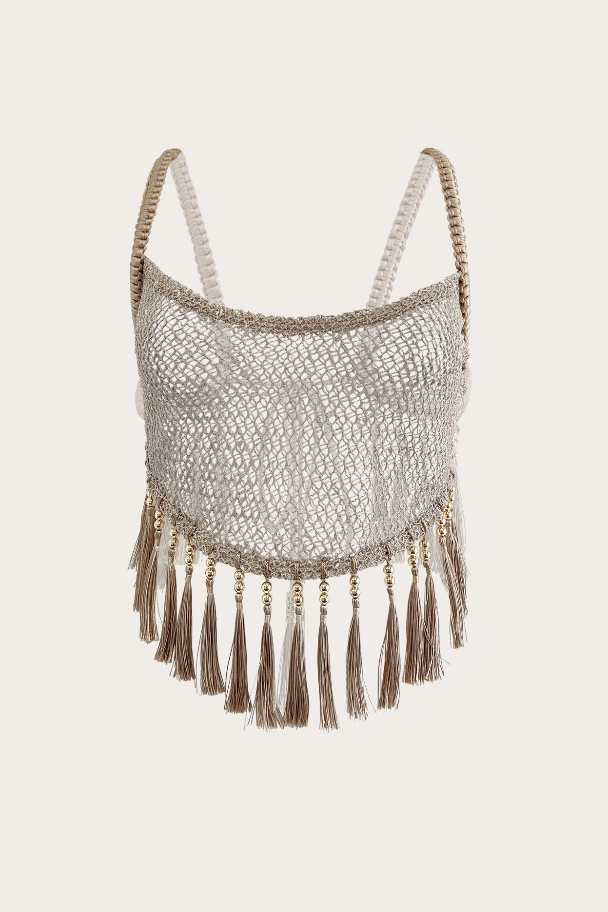 Sheer netted layering top with tassel fringe and gold bead detailing in dune beige