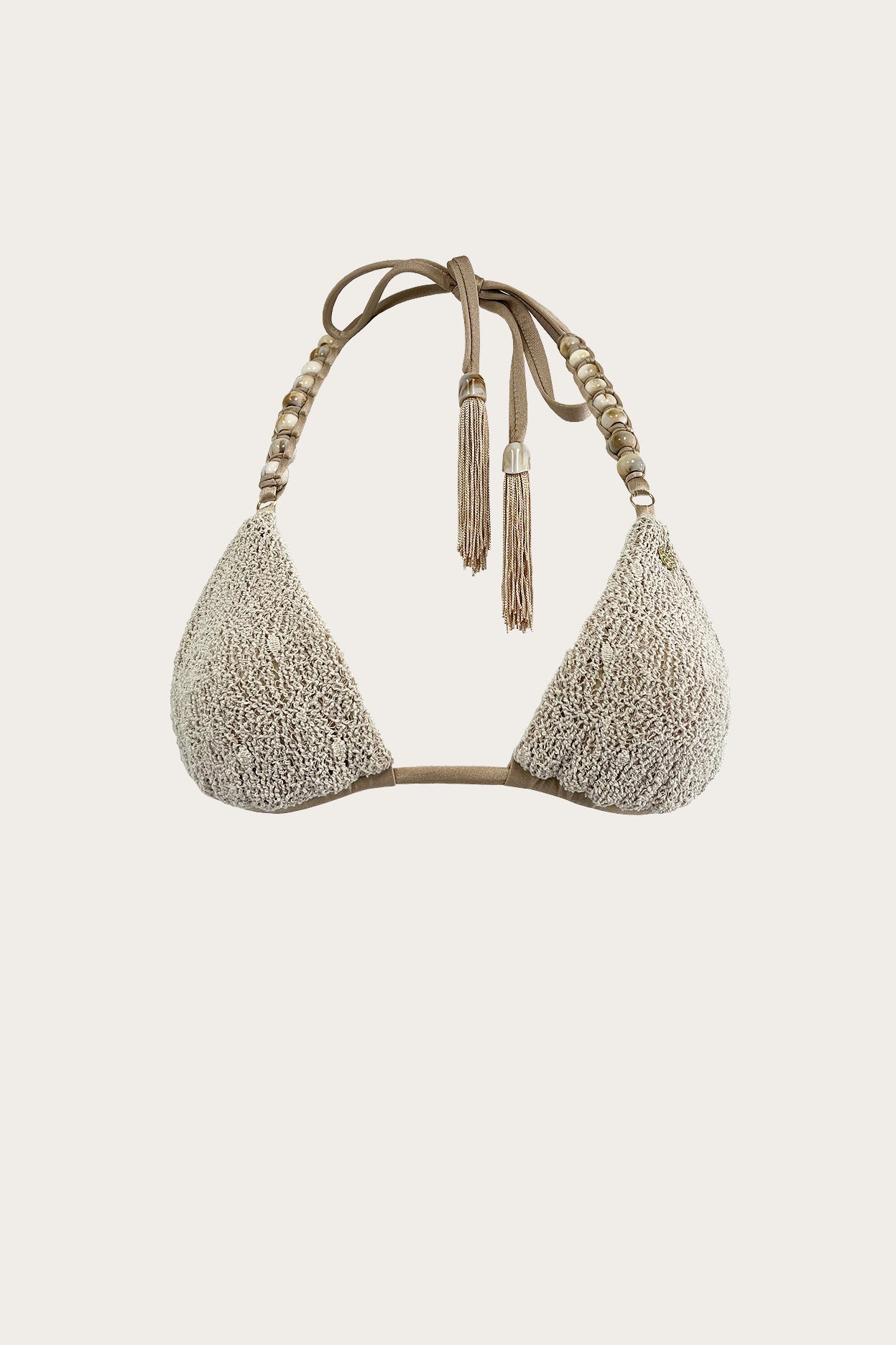 Merina triangle bikini top in Sea Salt featuring textured knit fabric, handcrafted beaded straps, and tassel tie detailing