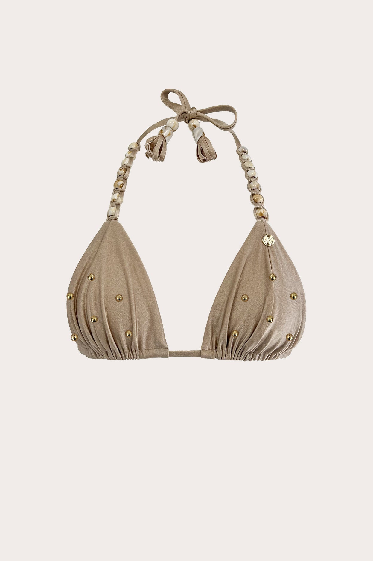 Triangle bikini top with hand-beaded straps and gold stud detailing in toasted sand