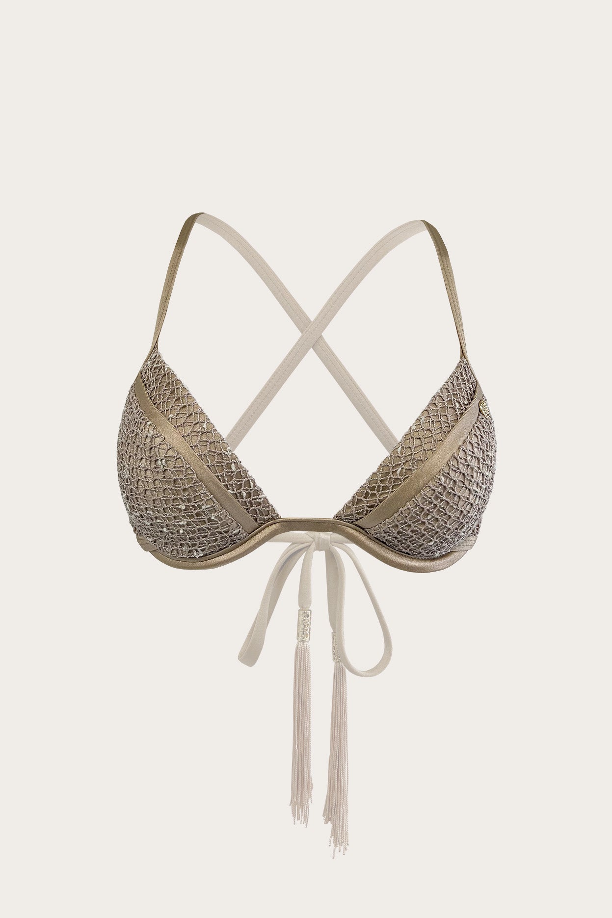 Textured mesh underwire bikini top with crisscross straps and tassel ties in sand
